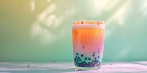 Vibrant layered drink with tapioca pearls, suitable for beverage promotions, summer events, and social media content.