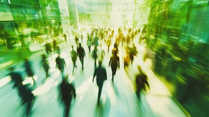 Fototapeta premium Sustainability in business, crowds of professionals walking at a corporate office in a green city downtown with abstract motion blur