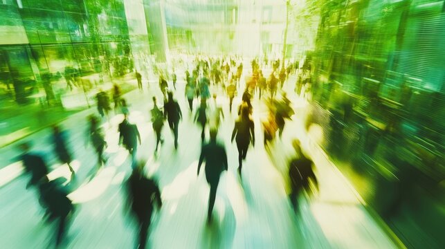 Sustainability in business, crowds of professionals walking at a corporate office in a green city downtown with abstract motion blur
