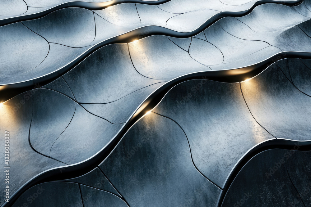 Leinwandbilder Abstract metallic waves with illuminated crevices, creating a futuristic and textured surface.