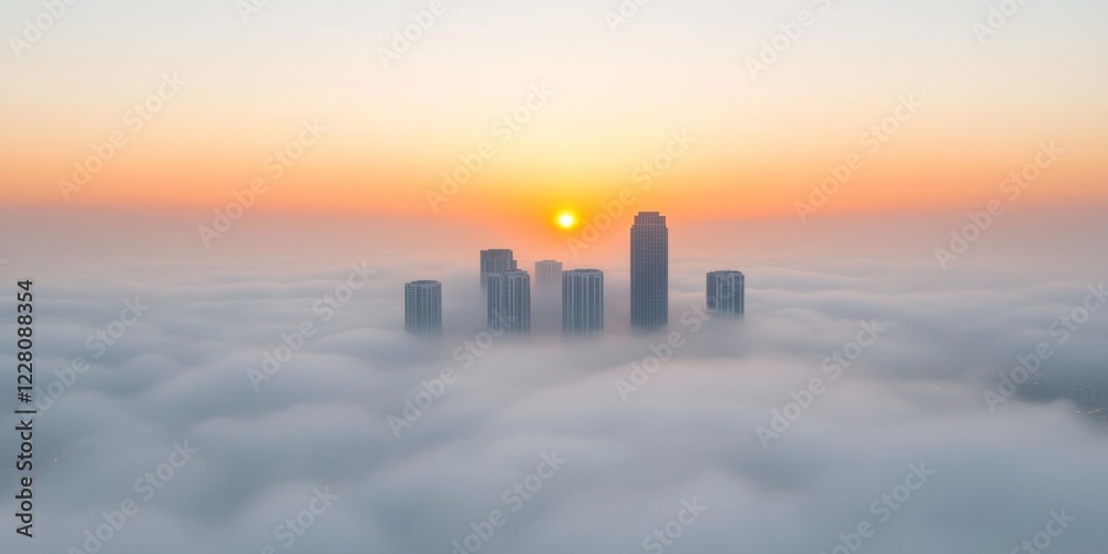 Aufkleber futuristic urban skyline in fog aerial view of skyscrapers with soft light and cloud texture - susta