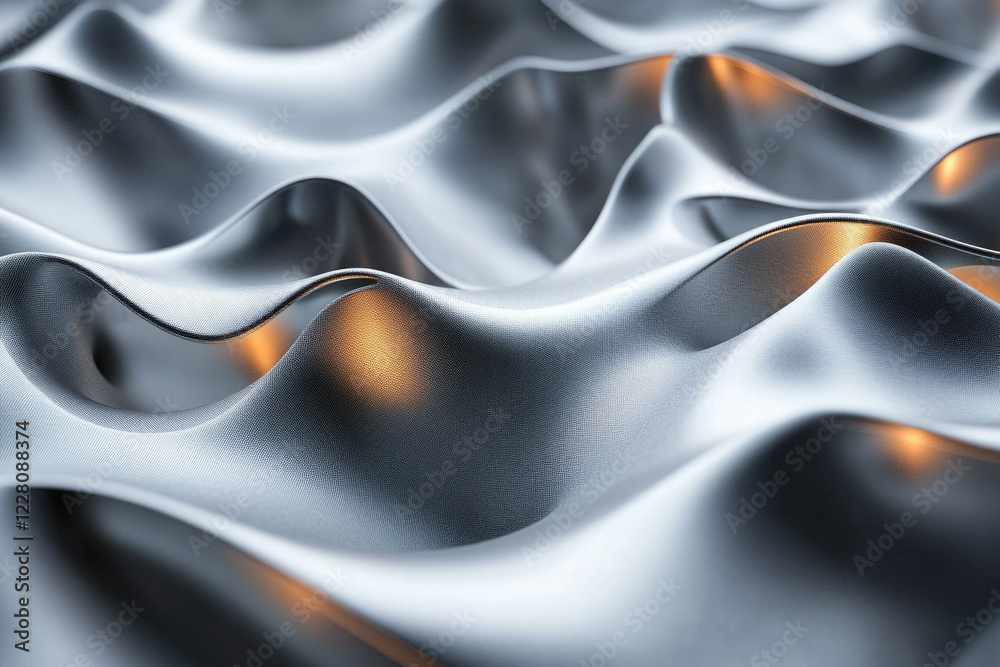 Poster abstract 3d rendering of a flowing, metallic surface with soft, undulating waves and warm highlights