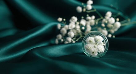 Delicate white flowers in a glass jar on luxurious green satin fabric
