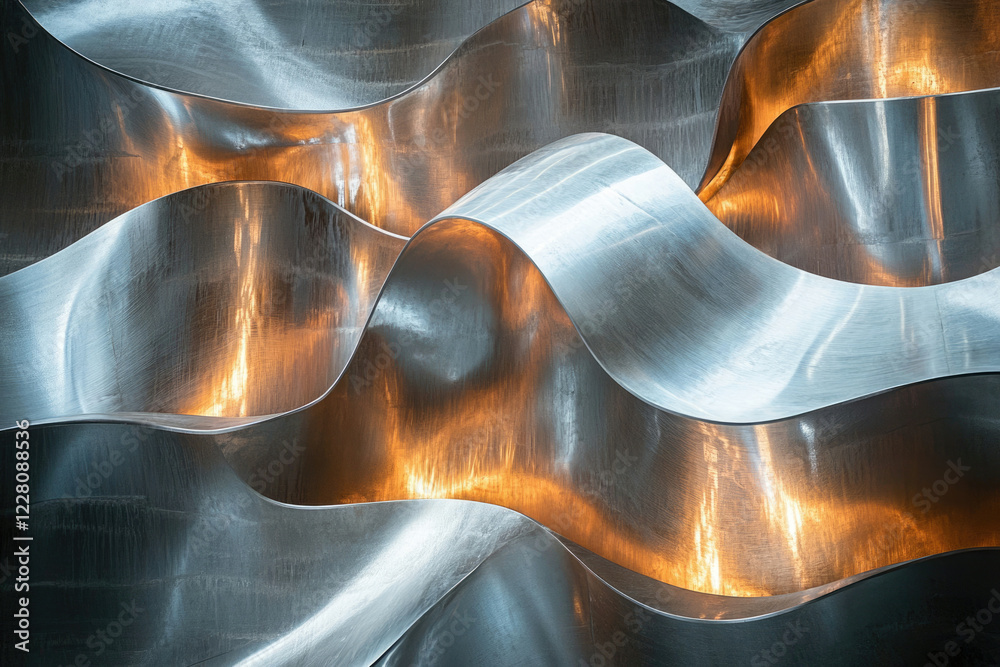 Aufkleber Abstract metallic sculpture with flowing, wave-like forms illuminated from within.