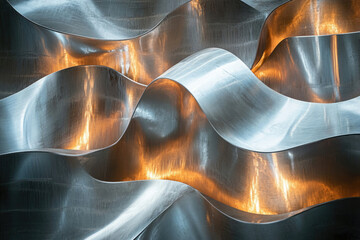 Abstract metallic sculpture with flowing, wave-like forms illuminated from within.