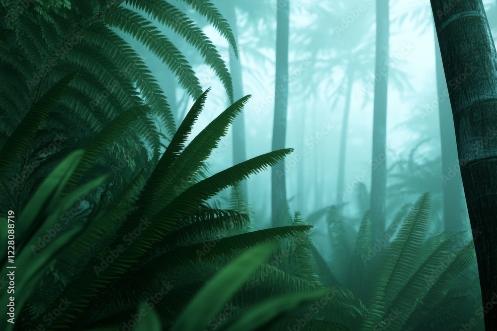 Aufkleber mystical foggy forest lush fern undergrowth with twilight gradient - eco-travel content and nature-i
