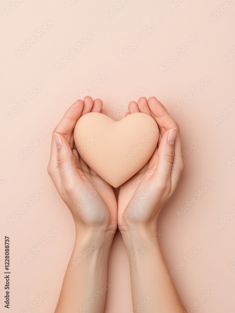 Poster minimalist heart symbol in hands soft pastel aesthetic for human-centric tech marketing and communic