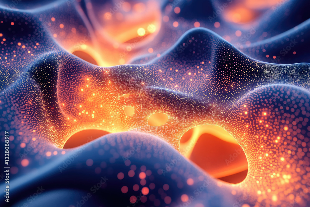 Poster abstract 3d rendering of a glowing, particle-based wave, with vibrant orange and blue hues.