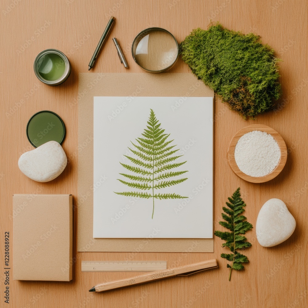 Aufkleber biomimicry in design eco-friendly fractal sketches with natural moss, stones and tools for sustainab