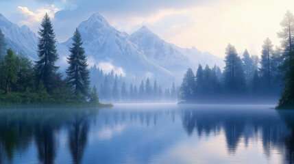 Fototapeta premium A quiet mountain lake at dawn, with mist rising off the water, surrounded by towering pines, creating a serene and peaceful atmosphere ideal for environmental projects