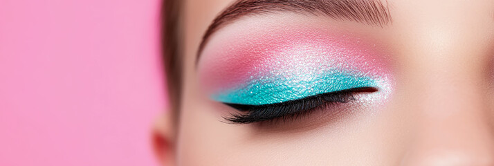 Close-up of a Woman's Eye with Pink and Turquoise Glitter Eyeshadow