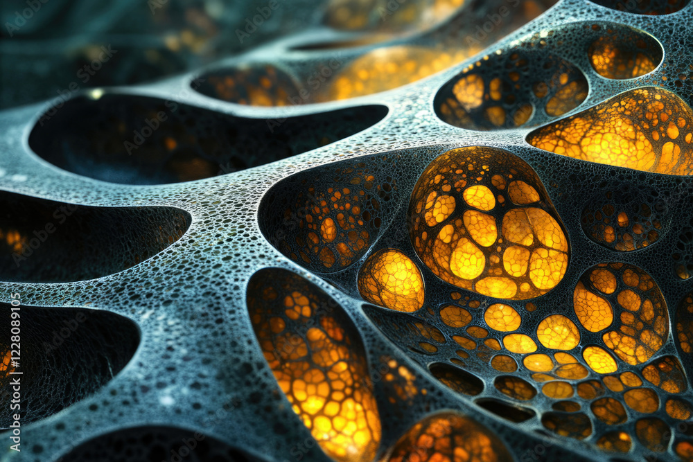 Poster Abstract 3D rendering of a porous, cavernous structure with glowing golden inner cavities.