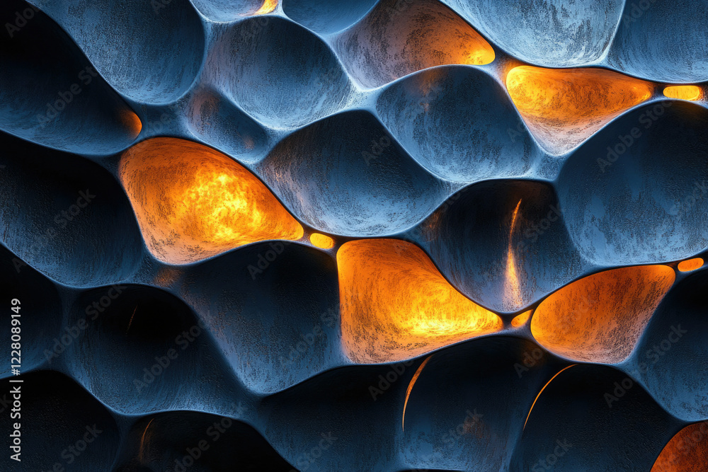 Poster abstract 3d render of undulating, textured surfaces glowing orange within deep blue recesses.