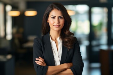Obraz premium Portrait of a businesswoman smiling with crossed arms, exuding confidence and professionalism in a modern office environment