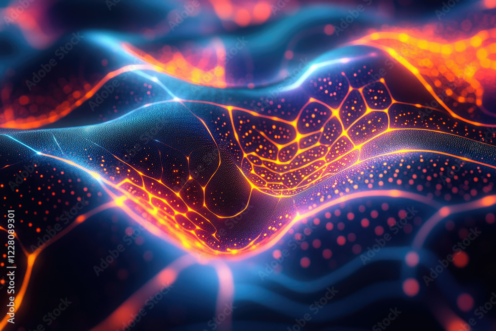 Poster abstract digital art depicting a glowing, wave-like network of interconnected nodes in vibrant orang