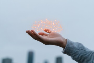 Neon Tech Visualization Futuristic Hologram in Hand Over Cityscape - Innovative Mobile Connectivity Content and Digital Marketing for Urban Technology Integration