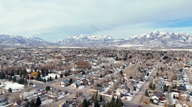 Heber Valley neighborhood flyover towards Wasatch Mount Timpanogos Heber City, Utah