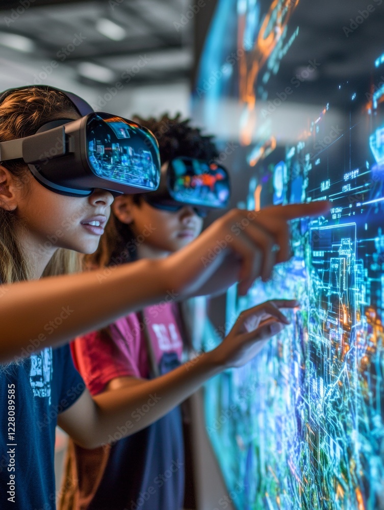 Poster cutting-edge vr collaboration diverse teen innovators in tech lab navigating holographic interfaces 