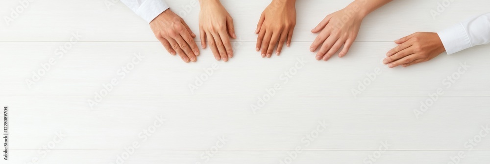 Fototapete minimalist collaboration scene diverse hands on white wooden surface modern teamwork and creative wo