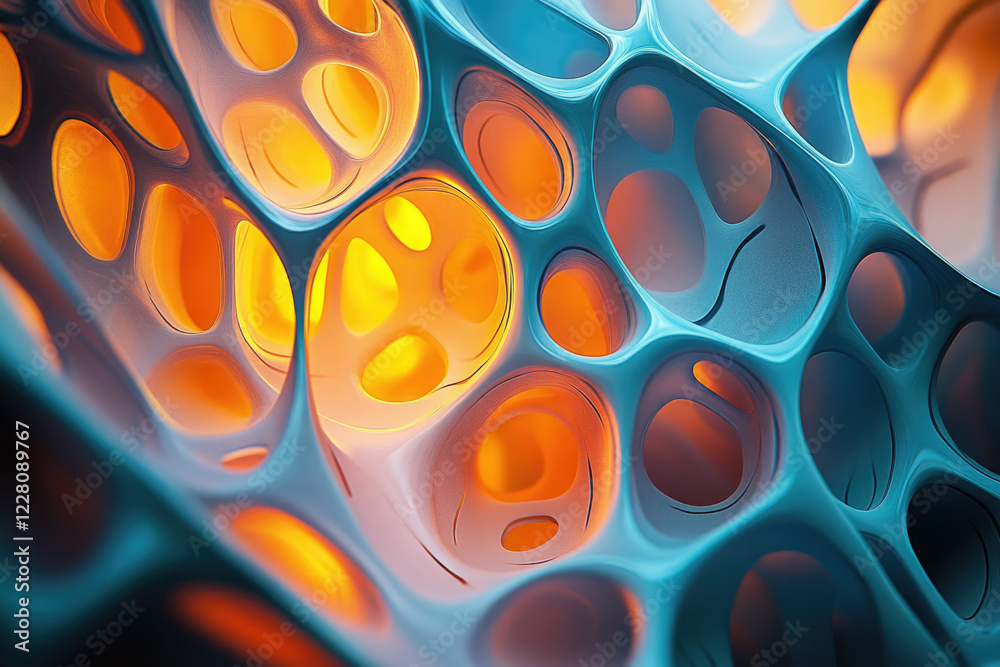 Poster abstract 3d render of interconnected organic shapes with warm and cool color gradients.