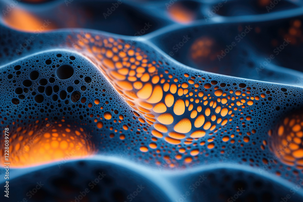 Poster abstract image of a dark blue, undulating surface with glowing orange holes resembling a cellular or