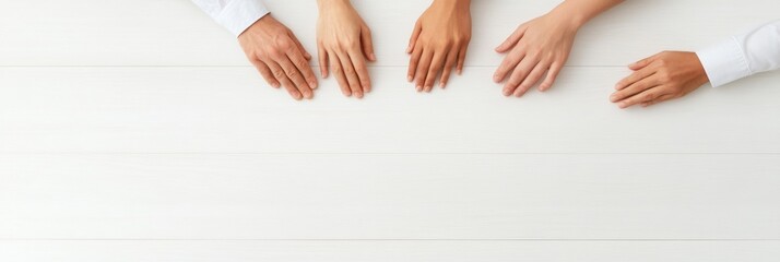 Minimalist Collaboration Scene Diverse Hands on White Wooden Surface Modern Teamwork and Creative Workflow Focus in Tech Startup Content, Emphasizing Inclusivity and Design Aesthetics