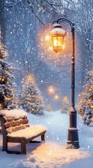 Snowy park bench with glowing lantern