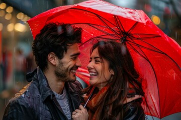 Happy couple sharing a red umbrella in the rain, laughing and enjoying a romantic moment