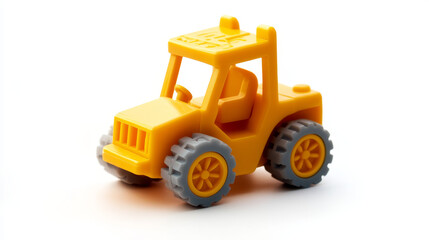 Fototapeta premium A high-quality stock photo of a yellow toy forklift, isolated on a white background. This small loader represents industrial and warehouse equipment, making it an excellent educational toy for childre