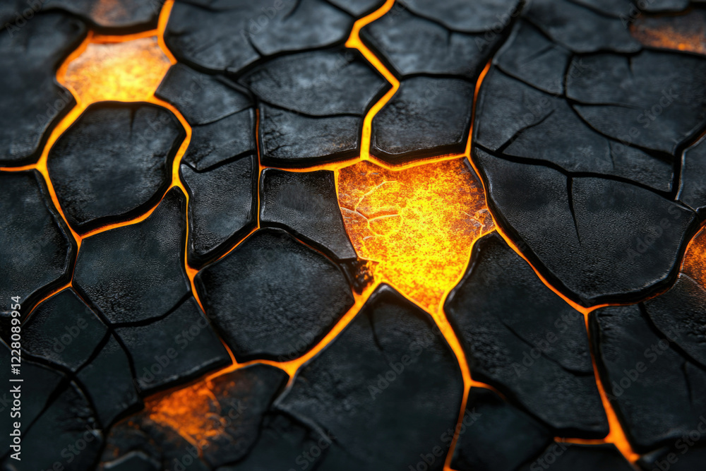 Poster Glowing lava cracks through dark, fractured rock surface, creating a fiery, textured pattern.
