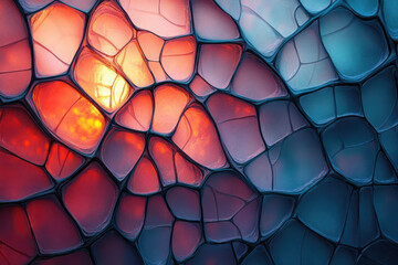 Abstract artwork depicting a network of interconnected, vibrant cells or stones in shades of red and blue.