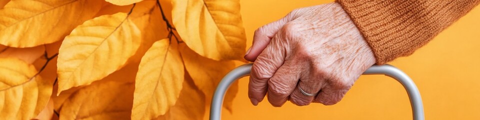 Fototapeta premium Autumn Care Aesthetic Elderly Hand with Walker against Golden Foliage - Assisted Living Visuals for Senior Mobility Solutions and Wellness Promotion
