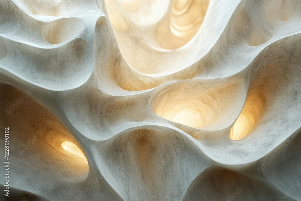 Poster abstract beige sculpture with flowing, undulating forms and inner glowing light.