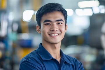 Obraz premium Smiling Asian Young Man Industrial Worker Portrait Professional Blue Uniform Happy Employee Factory Background Hardworking Person Manufacturing Industry Successful Career Confident Person job team 