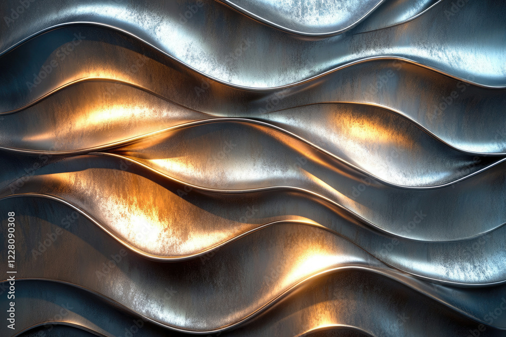 Poster abstract metallic background with wavy, flowing lines and warm golden highlights.