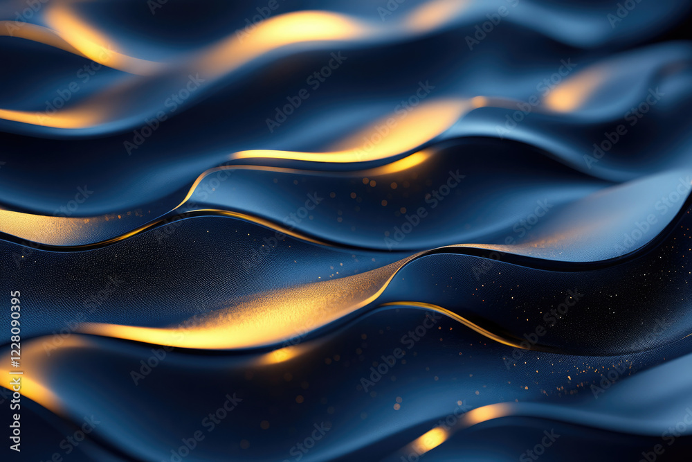 Poster Abstract dark blue and gold waves with glittering particles, creating a luxurious and elegant visual.