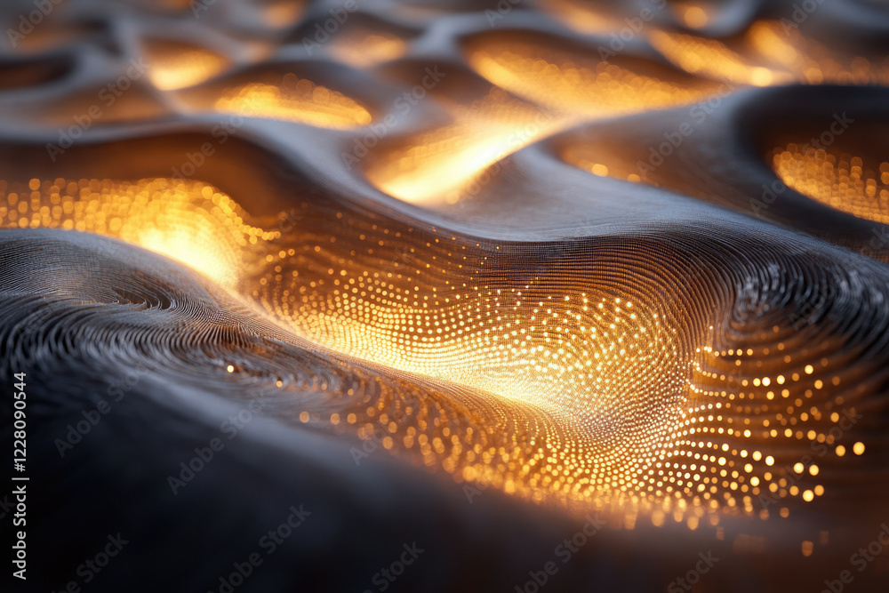 Poster Abstract wave pattern with glowing golden dots, creating a mesmerizing digital landscape.