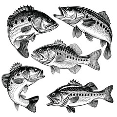 Set of black and white of largemouth bass fish vector...