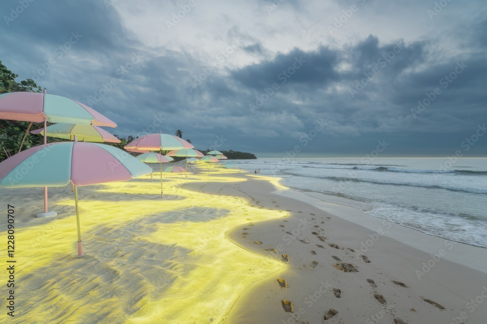 Poster pastel umbrellas illuminate a tranquil beach scene at dusk, creating a dreamy atmosphere.