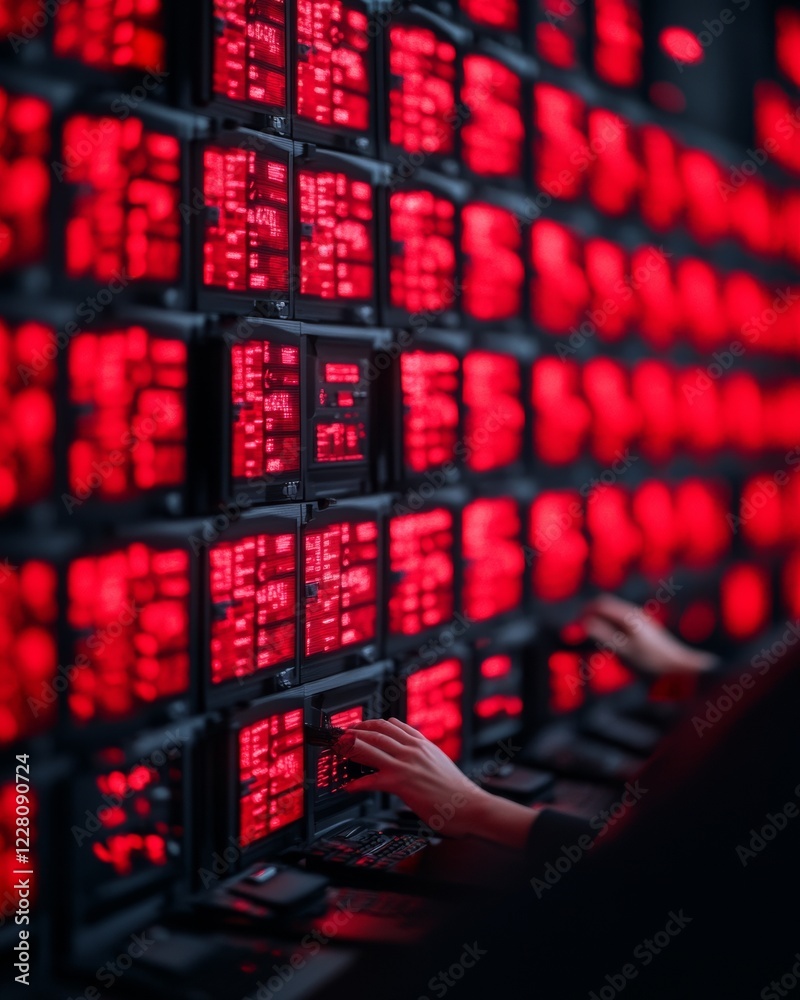 Fototapete Futuristic Red LED Video Wall in Control Room - Meteorological Data Command Center for Advanced Weather Systems and Real-Time Decision-Making in Tech-Driven Industries