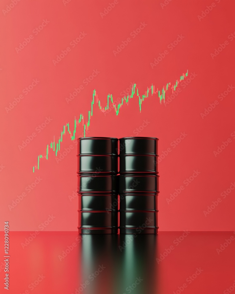 Poster futuristic commodities visualization black oil barrels on reflective surface with floating financial