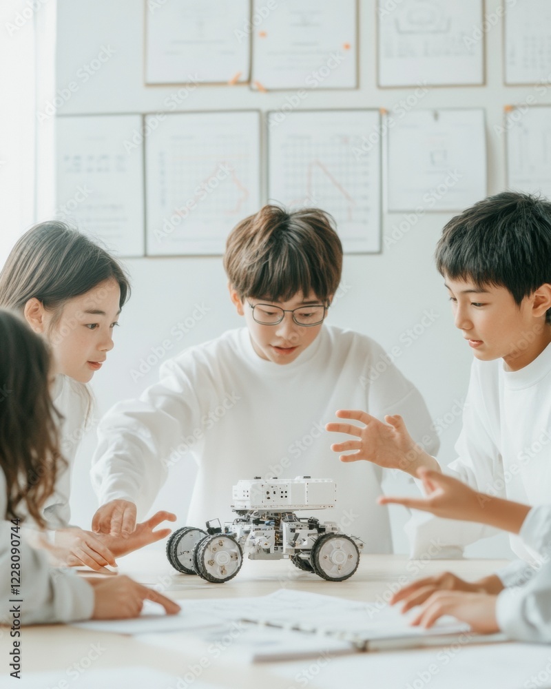 Leinwandbilder contemporary stem collaboration diverse teens with robotics project in bright classroom - empowering