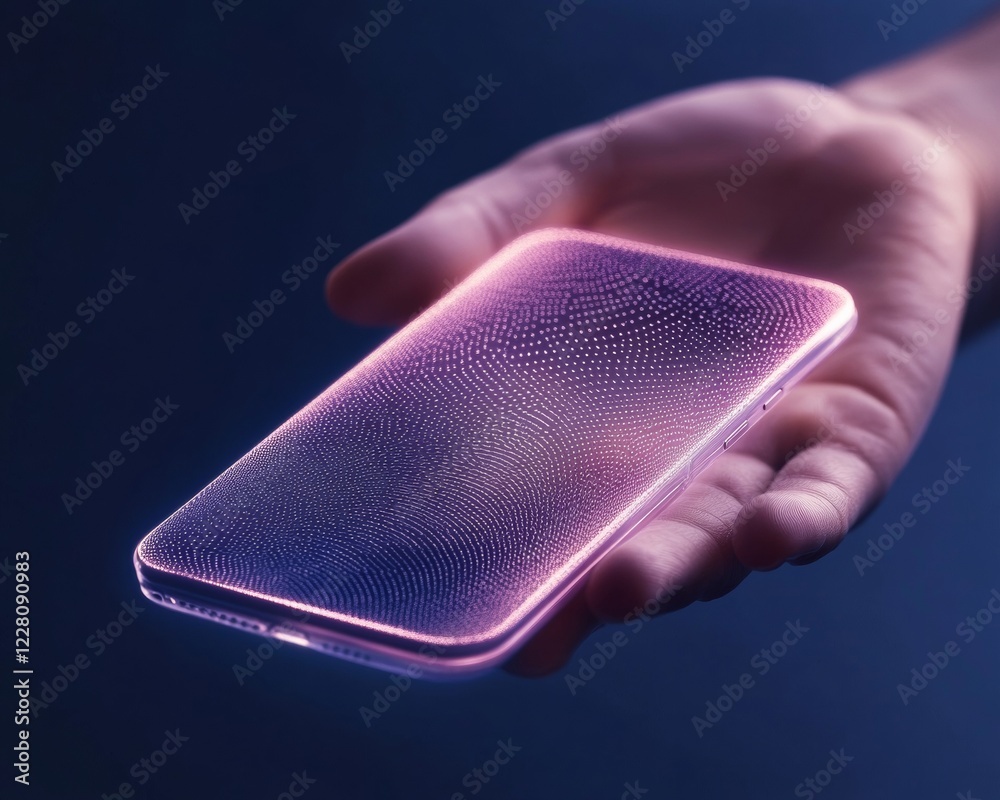 Poster Futuristic Smartphone Interface Design Holographic AI Display with Biometric Features and Voice Recognition - Digital Experience Enhancement for Tech Savvy Users