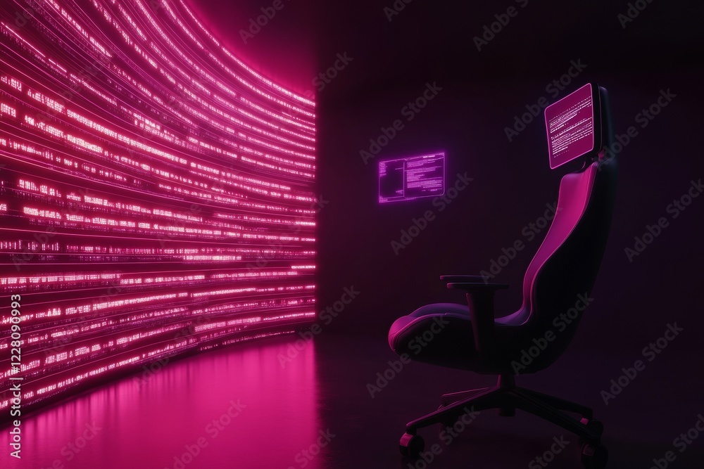 Fototapete neon-tech gaming hub sleek minimalistic room with ar interface and curved display - elevating esport