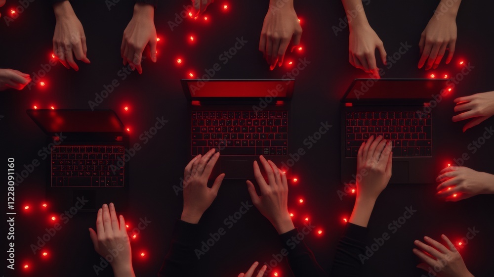 Fototapete minimalist tech aesthetic collaborative laptops with red led glow - digital workspace solutions and 