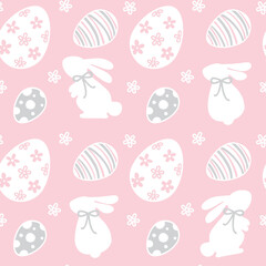 Easter bunny and eggs, spring.  Seamless pattern on pink background. Vector.