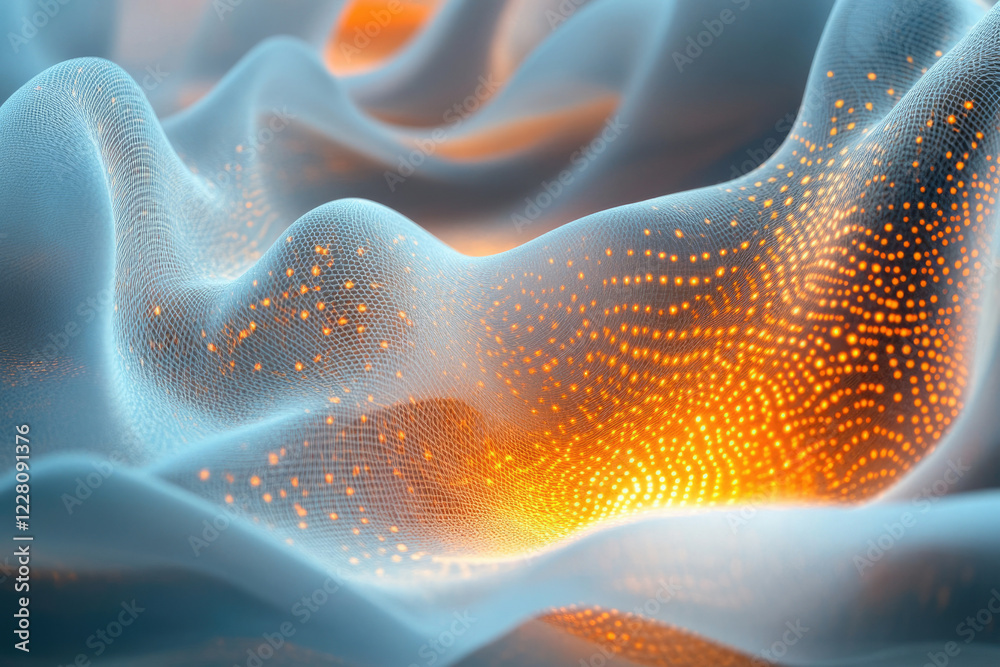 Poster Abstract wavy mesh with glowing orange particles, representing data flow or network connections.