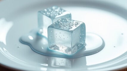Fresh ice cubes melting on a white plate with water droplets and reflections	