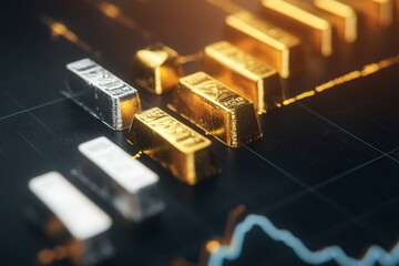 Futuristic Wealth Visualization Gold and Silver Bars on Digital Graph - Enhancing Corporate Finance Strategy with Metallic Textures and Data-Driven Insights
