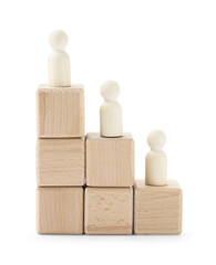 Human figures on wooden blocks against white background. Competition concept